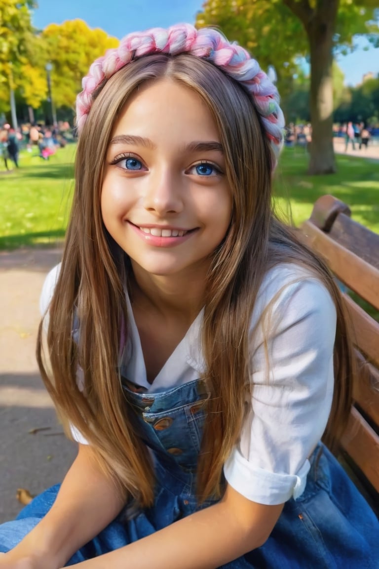 1 girl, Amazing face and eyes, (amazingly beautiful girl),girl A long RANDOM hair, image hyperealism, (masterpiece, best quality, photorealistic, 8k raw photo), light smile colorful, highest detailed, (sitting on the bench in the park), random hairstyle, with blue skies viewed ,REALISTIC