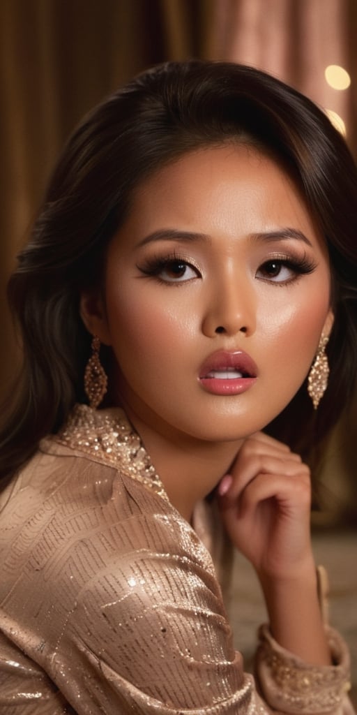 Far away view of 20 year old Brenda Song on a bed. Woman is near a very large,  ornate, gilded framed mirror. Woman's legs are spread wide apart. Interior of a very, very dark, smoky brothel lit only by candles. The room walls are covered in dark jaquard patterned wallpaper. A very large, gild framed painting shows an erotic  image. Ultra Detailed NSFW 120 mm lens shot. Woman's body is tensed, her back is hard arched. Impeccable Playboy magazine style. Woman's head hair is in an up do. The bed is covered in pink satin. Woman is backlit. Woman's mouth is open wide, seductive expression, Woman wears a 1920's style sexy, shiny, very metallic pink, strappless, high cut leg, one-piece teddie. Woman wears black sparkling, rhinestoned thigh-high stockings and matching 70's style high heels. Woman wears a royal necklace made of very large diamond stones. Woman's face is flushed and sweaty from recently exercising.

Woman's lips are especially glossy.
A fire place burns in the background. Woman's skin is sweaty. Woman's legs and shoes are visible. ,aw0k nsfwfactory,flat chested, ( head turned to the side: 1.5),  (head tilted up: 1.5),photo r3al,Face makeup,Low-key lighting Style,orgasmface