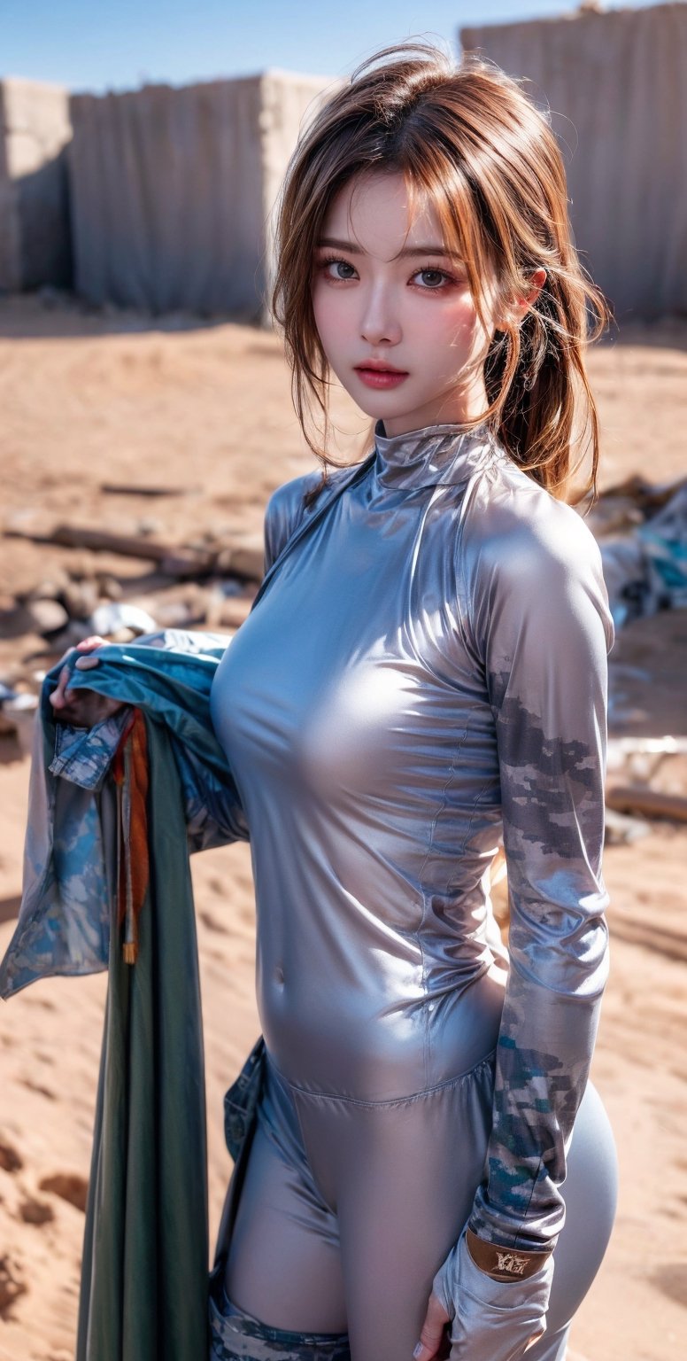 masterpiece, Best Quality, photorealistic, ultra-detailed, finely detailed, high resolution, 8K resolutions, raw photo, realism, perfect body, 1girl, solo, beautiful sexy super model, 23 years old, makeup, beautiful detailed face and eyes,  cinematic, wearing camo soldier combat and armor, at desert military camp, soft light, half body, standing, action pose,girl