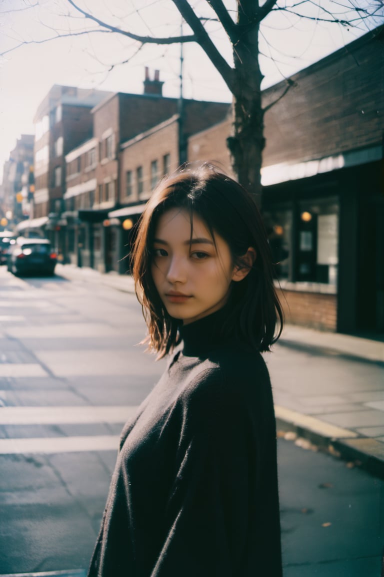 xxmix_girl,portrait of a woman,polaroid,film, graininess,smile,cold,dark theme,The Pose,LinkGirl,aesthetic portrait