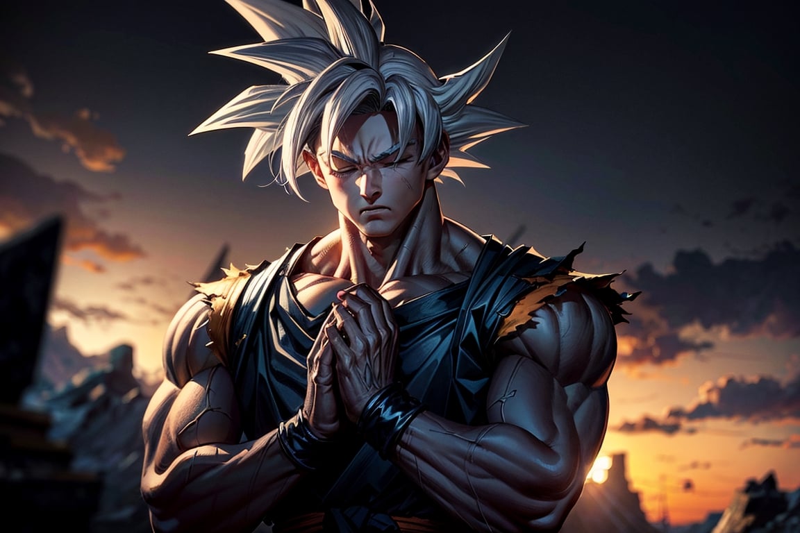 masterpiece, high quality, detailed lighting, son goku, (solo), 1boy, battle damage, (best quality), muscular, blue sky, blurry, blurry background, glacier, male focus, sky, solo, ultra instinct, white hair, torn clothes, (good hands), (masterpiece), anatomy, eyes closed, hands clasped in prayer, son goku, son goku, giant_this_guy