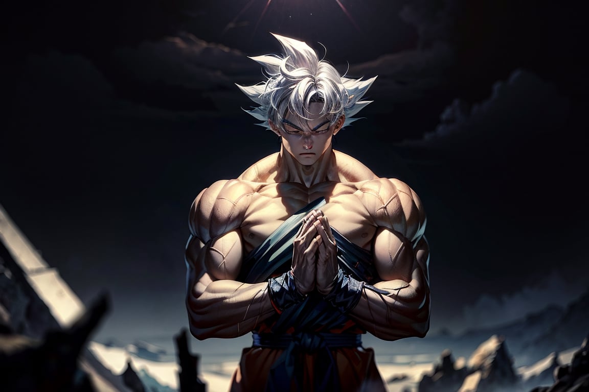 masterpiece, high quality, detailed lighting, son goku, (solo), 1boy, battle damage, (best quality), muscular, blue sky, blurry, blurry background, glacier, male focus, sky, solo, ultra instinct, white hair, torn clothes, (good hands), (masterpiece), anatomy, eyes closed, hands clasped in prayer, son goku, son goku, giant_this_guy