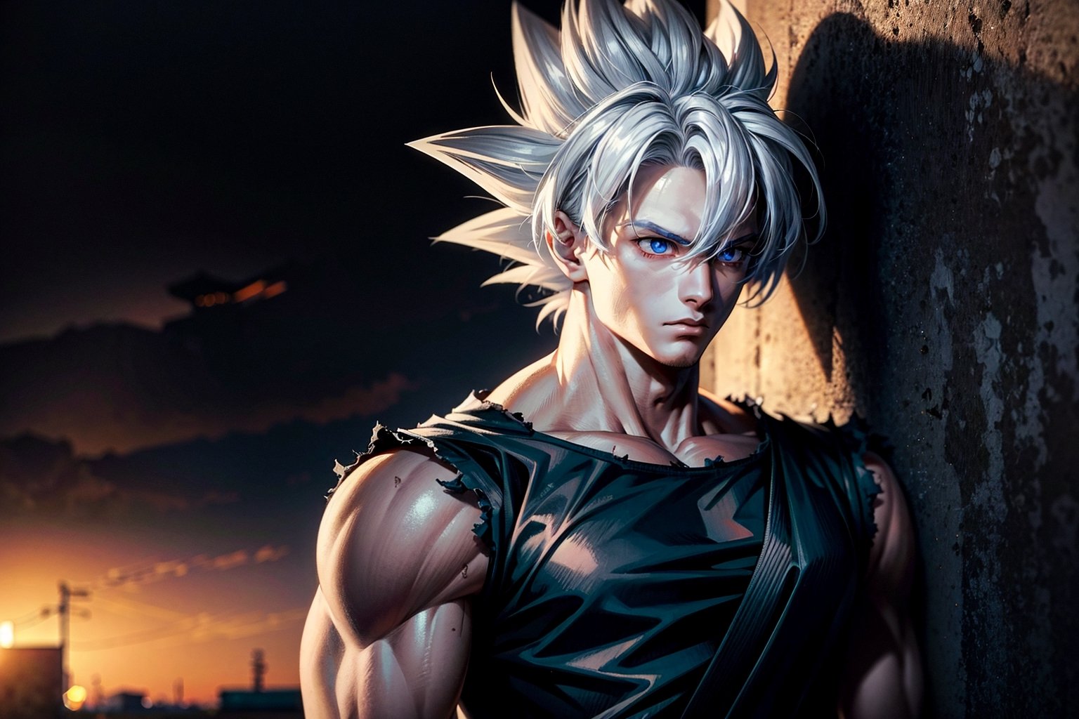 somber, mournful, memorial to fallen hero, 1boy, son goku (solo), battle damage, muscular, blue sky background, blurry background, concrete wall, male focus, sky, solo, ultra instinct, white hair, tattered clothes, (masterpiece), realistic anatomy, eyes downcast, leaning against wall, dejected pose, son goku, gigantic son goku