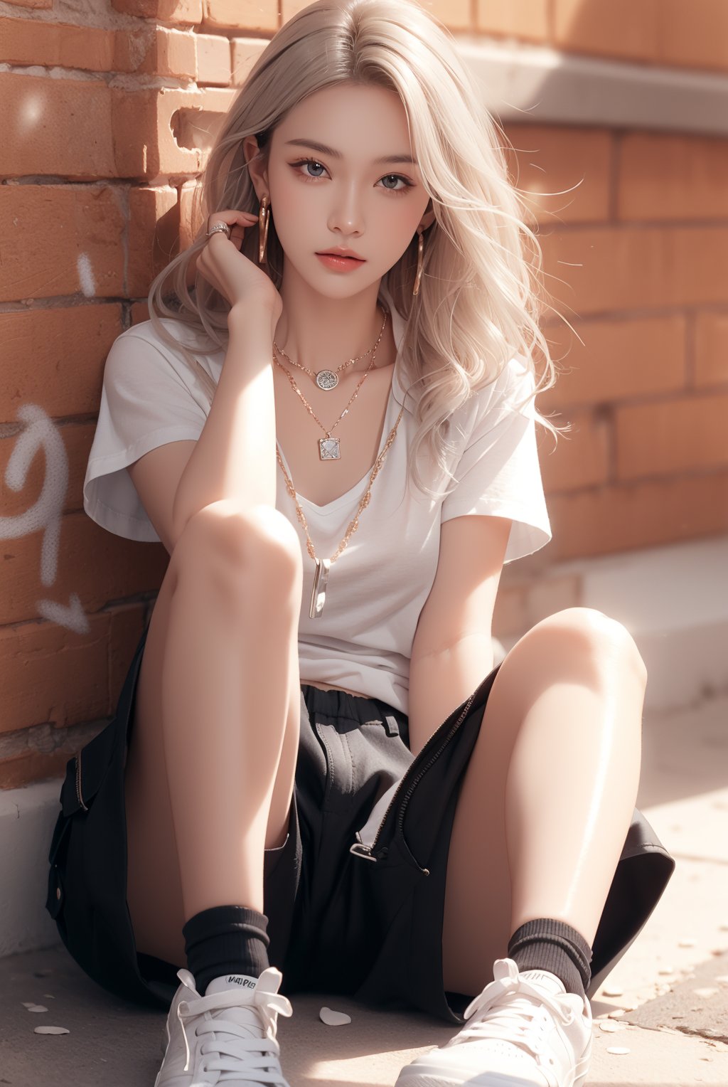 French girl,grey blonde hair(very long hair, curly_hair),hiphop dancer,wearing all black clothes (short sleeves loose fit top and cargo pants),sneakers, sitting at red brick wall(graffiti ),accessories(necklace,ear_rings),Best Quality, 32k, photorealistic, ultra-detailed, finely detailed, high resolution, perfect dynamic composition, beautiful detailed eyes, sharp-focus, cowboy_shot, 