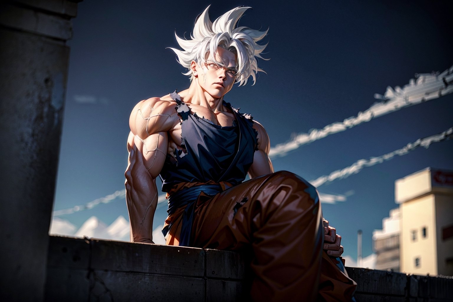 somber, mournful, memorial to fallen hero, 1boy, son goku (solo), battle damage, muscular, blue sky background, blurry background, concrete wall, male focus, sky, solo, ultra instinct, white hair, tattered clothes, (masterpiece), realistic anatomy, eyes downcast, leaning against wall, dejected pose, son goku, gigantic son goku