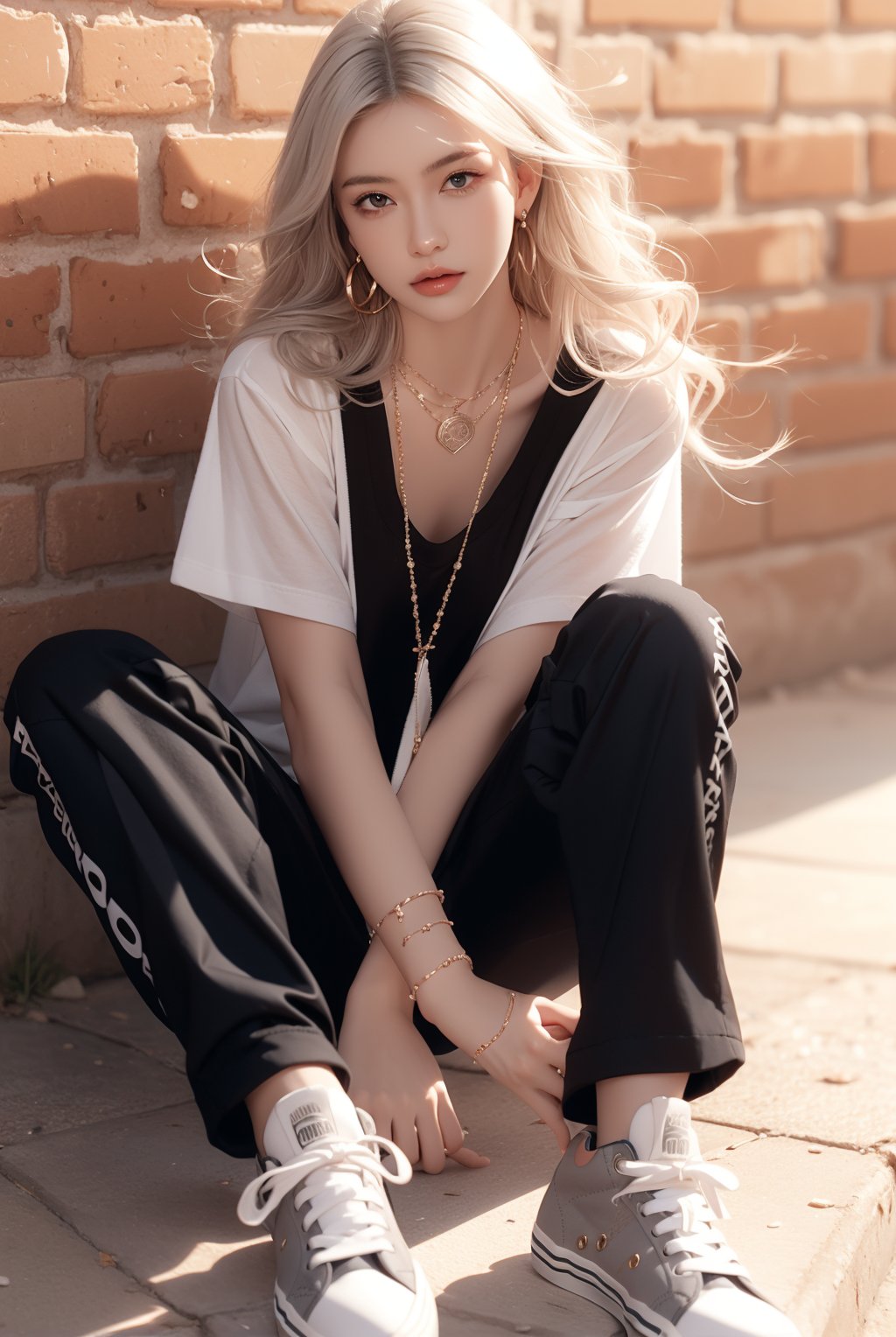 French girl,grey blonde hair(very long hair, curly_hair),hiphop dancer,wearing all black clothes (short sleeves loose fit top and cargo pants),sneakers, sitting at red brick wall(graffiti ),accessories(necklace,ear_rings),Best Quality, 32k, photorealistic, ultra-detailed, finely detailed, high resolution, perfect dynamic composition, beautiful detailed eyes, sharp-focus, cowboy_shot, 