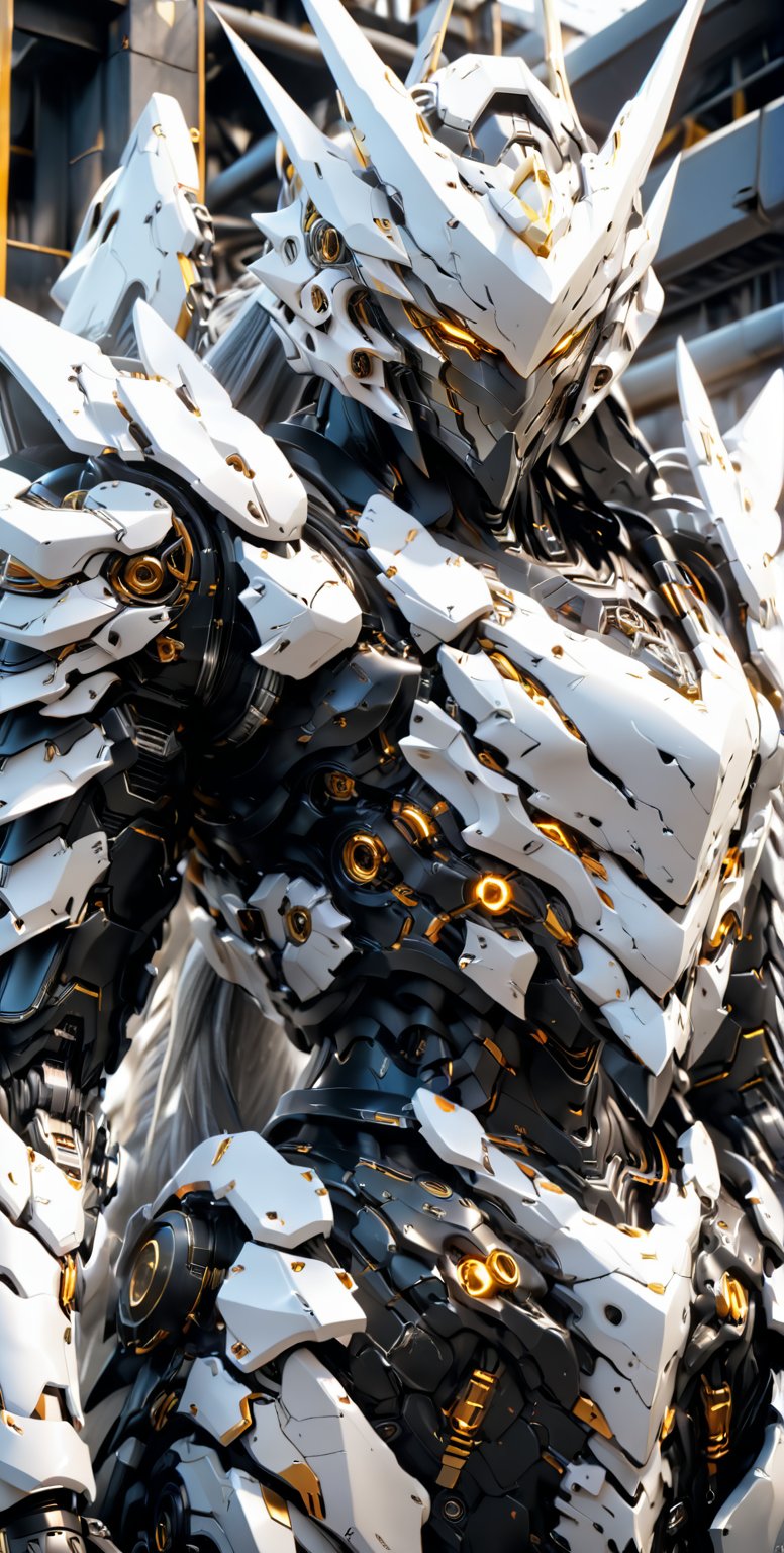 Aesthetic film photography, grain film, cinematic, science fiction, military science fiction, genetic engineering gone wrong leads to mechanical creatures. Knight, close-up, elemental, robotic, dazzling, sulfurous, white armor, glowing eyes.
,mecha\(hubggirl)\,LegendDarkFantasy,DonM3l3m3nt4lXL,charcoal \(medium\),cyborg style,cyborg,glitter,android,DonMM1y4XL,niji5,monster