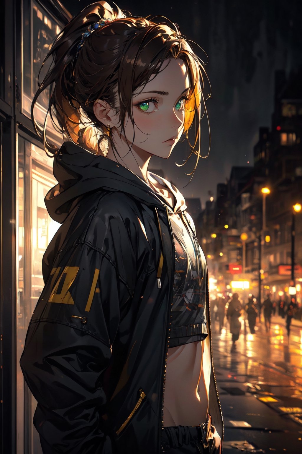 A potrait girl with hoodie, 25 years old of age,  he is standing in the middle of futuristic city,  high light,  highly detailed,  8k,  flat face expression,  green eyes,  brown hair , blend,  torso shot,  bokeh,  (hdr:1.4),  high contrast,  ryanBS_soul3142,  light_brown_hair, good anatomy, high detailed, ponytail hair