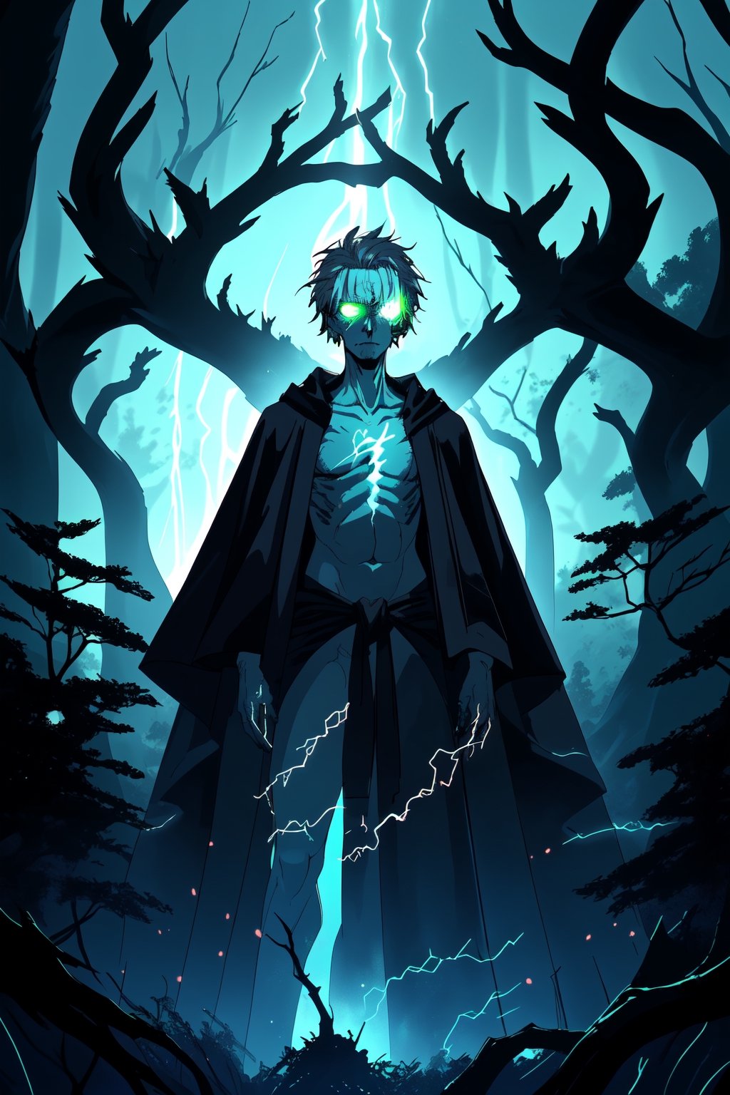 portrait of a pale-skinned undead, he standing in haunted forest, dead tree, medium light, highly detailed, 8k, flat expression, glowing green eyes, wear a black robe, baldr,blend, torso shot, bokeh, lots of lightning in the sky