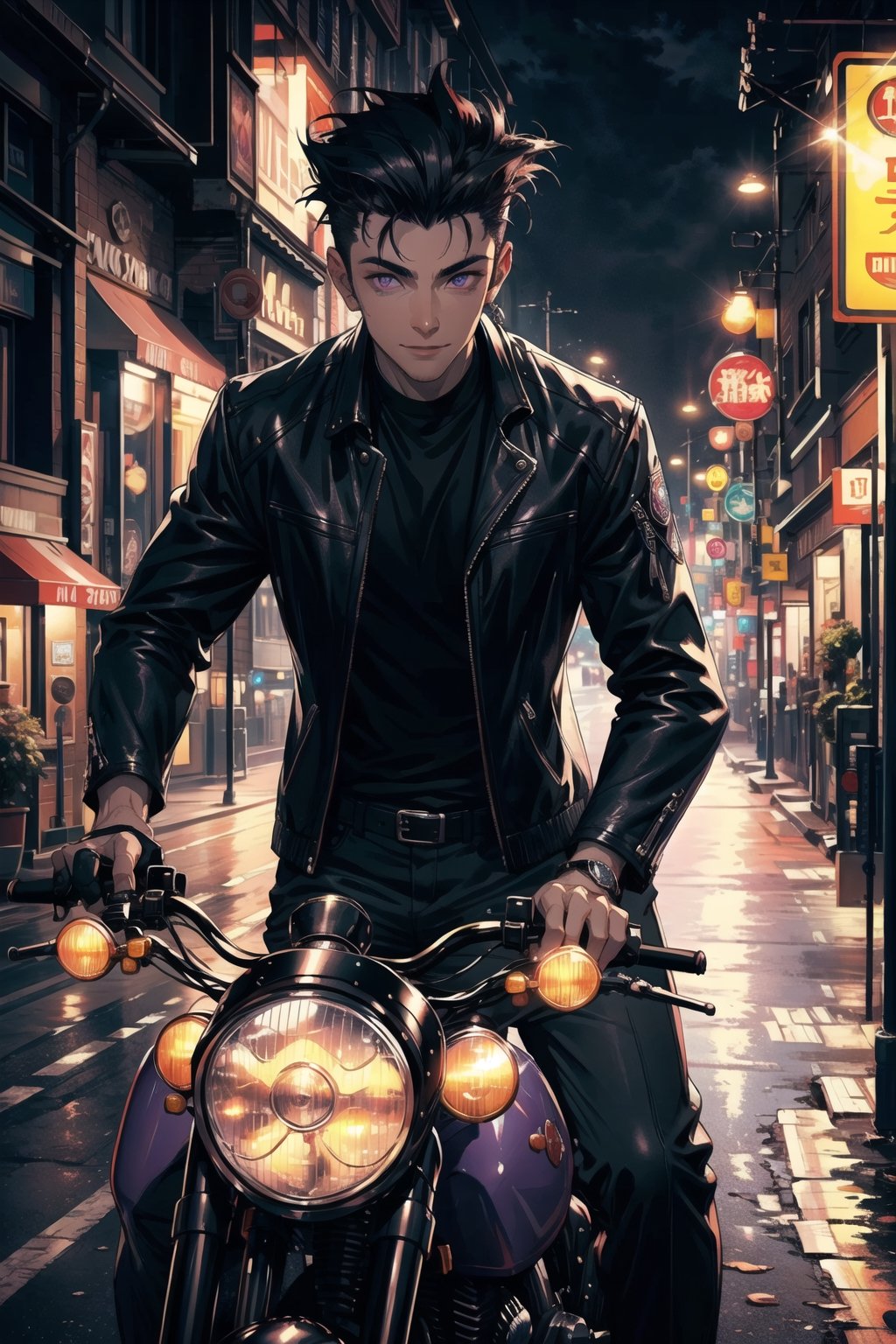 A portrait of handsome man wearing a black jacket, black hair colour, riding a harley davidson, quiff haircut, 25 year age, bright lighting, ground fork, low light, highly detailed 8k, smile expression, glowing purple eyes, midjourney, road background, High detailed 