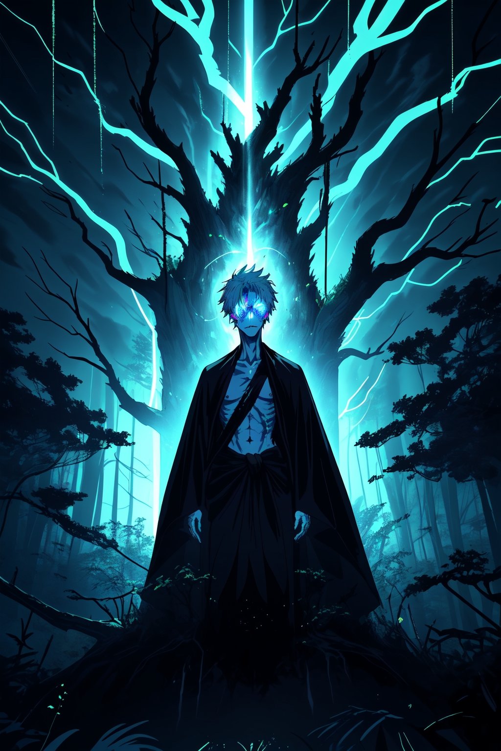 portrait of a pale-skinned undead, he standing in haunted forest, dead tree, medium light, highly detailed, 8k, flat expression, glowing green eyes, wear a black robe, baldr,blend, torso shot, bokeh, lots of lightning in the sky