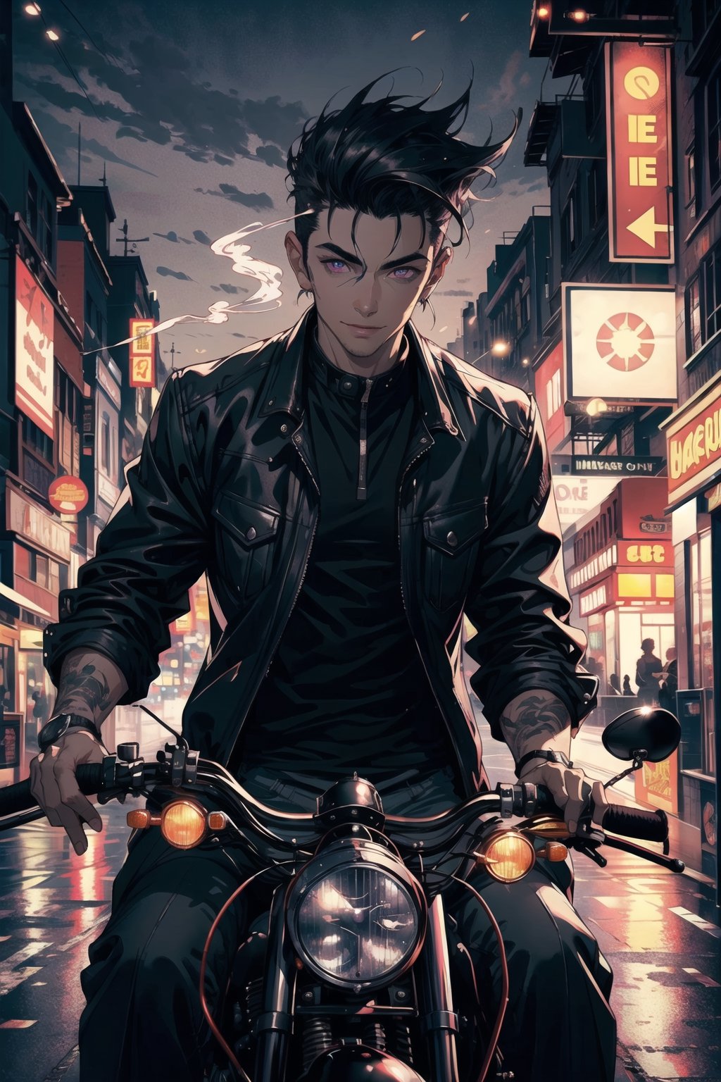 A portrait of handsome man wearing a black jacket, smoking, black hair colour, riding a harley davidson, quiff haircut, 25 year age, bright lighting, ground fork, low light, highly detailed 8k, smile expression, glowing purple eyes, midjourney, road background, High detailed 