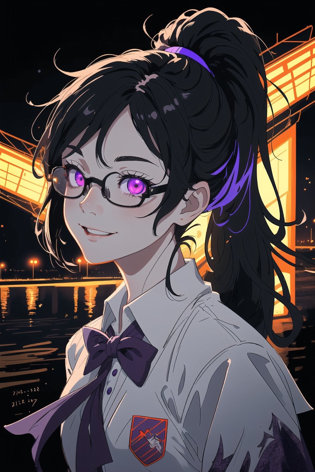 A portrait of girl wearing school uniform, black hair colour, ponytail hair, 17 year age, wearing glasses, bright lighting, ground fork, low light, highly detailed 8k, happy expression, glowing purple eyes, midjourney, school backround, lot student on background, High detailed 