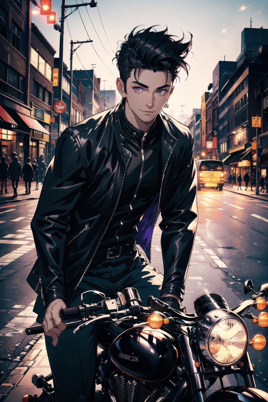 A portrait of handsome man wearing a black jacket, black hair colour, riding a harley davidson, quiff haircut, 25 year age, bright lighting, ground fork, low light, highly detailed 8k, smile expression, glowing purple eyes, midjourney, road background, High detailed 