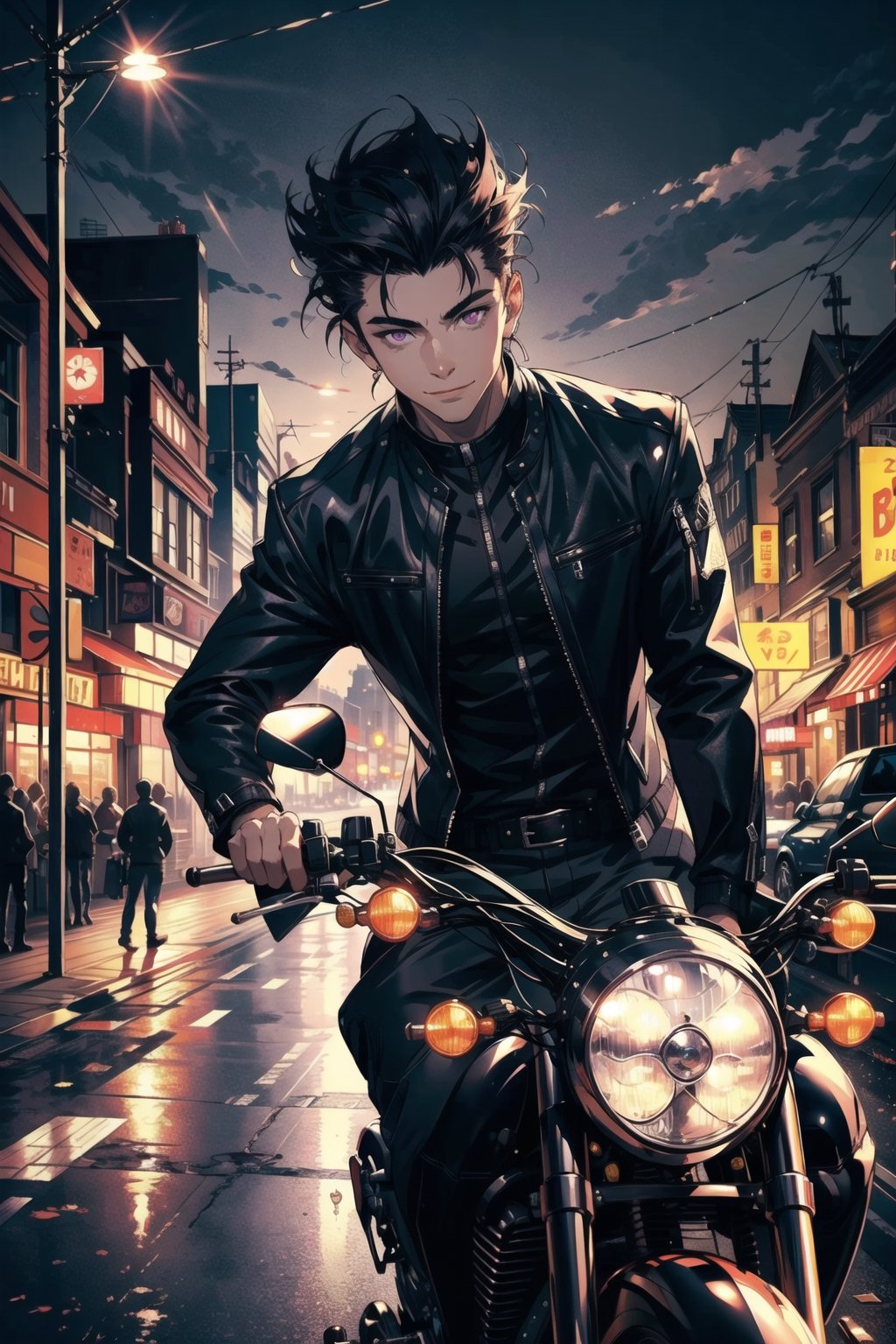 A portrait of handsome man wearing a black jacket, black hair colour, riding a harley davidson, quiff haircut, 25 year age, bright lighting, ground fork, low light, highly detailed 8k, smile expression, glowing purple eyes, midjourney, road background, High detailed 