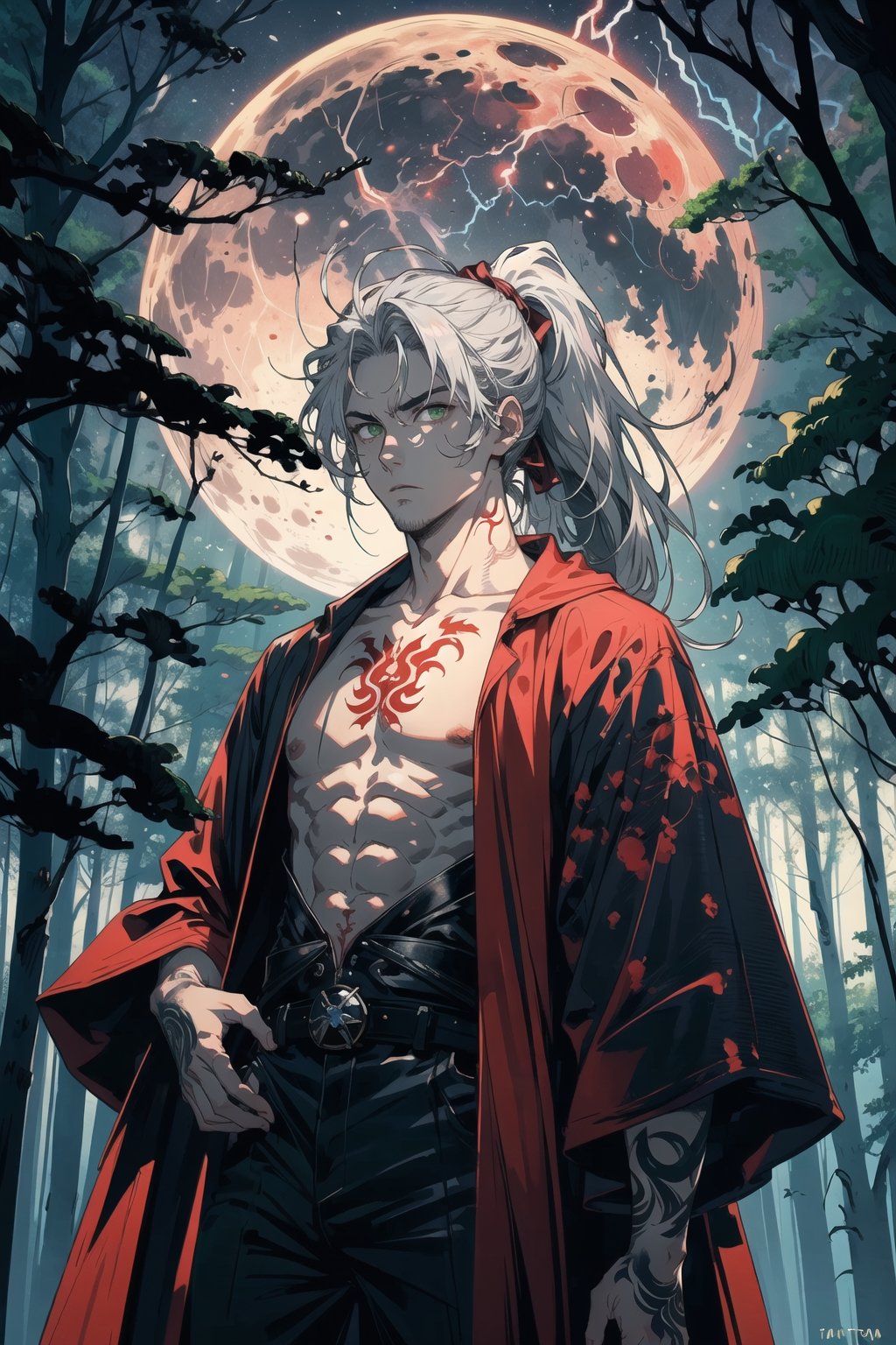 potrait a man standing on a forest, topless, tatoos in body, light red skin, green eyes, haunted forest background, 35 year age, lot trees on background, lot animal in background, ponytail hair, serious expression, midnight, fullmoon blood, lot lightning in sky, silver hair