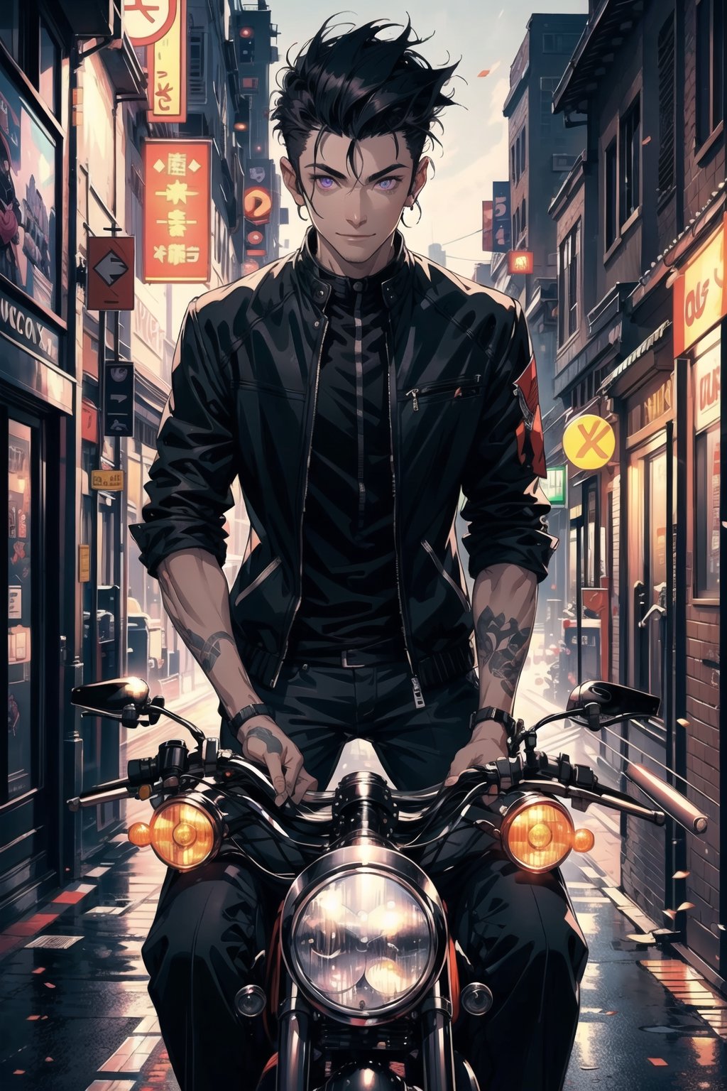 A portrait of handsome man wearing a black jacket, black hair colour, riding a harley davidson, quiff haircut, 25 year age, bright lighting, ground fork, low light, highly detailed 8k, smile expression, glowing purple eyes, midjourney, road background, High detailed 