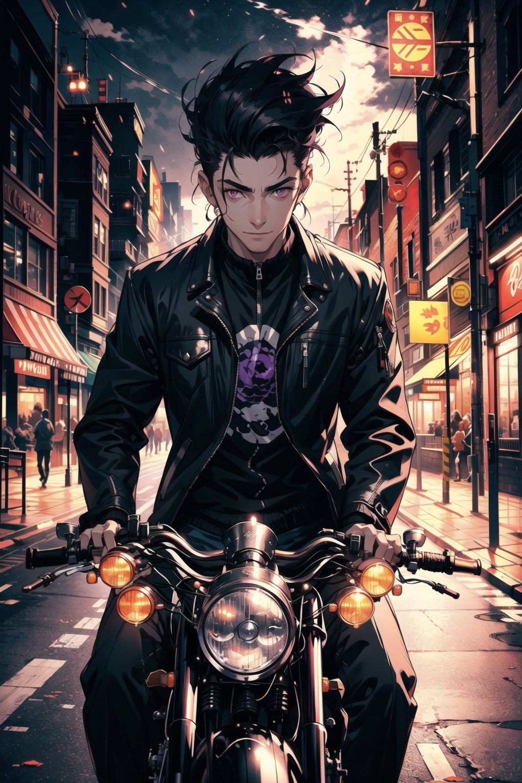 A portrait of handsome man wearing a black jacket, smoking, black hair colour, riding a harley davidson, quiff haircut, 25 year age, bright lighting, ground fork, low light, highly detailed 8k, smile expression, glowing purple eyes, midjourney, road background, High detailed 