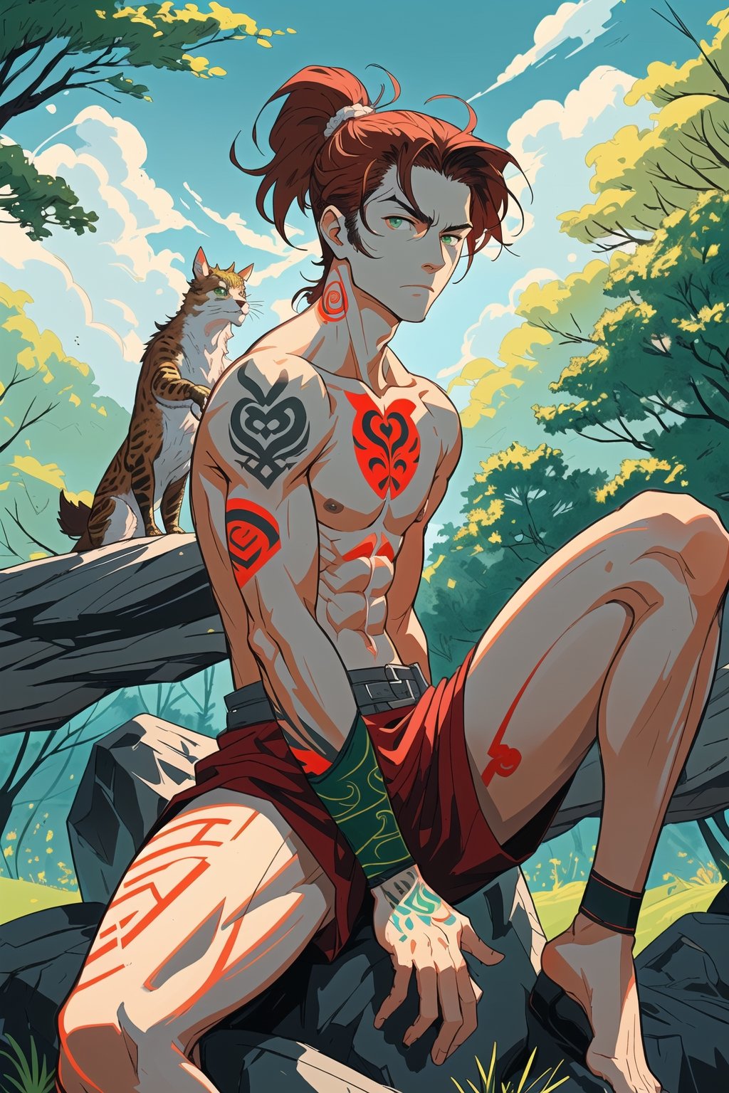 potrait a man riding sitting on a rock, topless, tatoos in body, light red skin, green eyes, pre historis background, 35 year age, sunny days, lot trees on background, lot animal in background, ponytail hair, serious expression