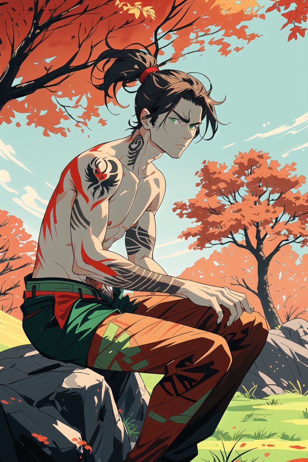 potrait a man riding sitting on a rock, topless, tatoos in body, light red skin, green eyes, pre historis background, 35 year age, sunny days, lot trees on background, lot animal in background, ponytail hair, serious expression, scar in face