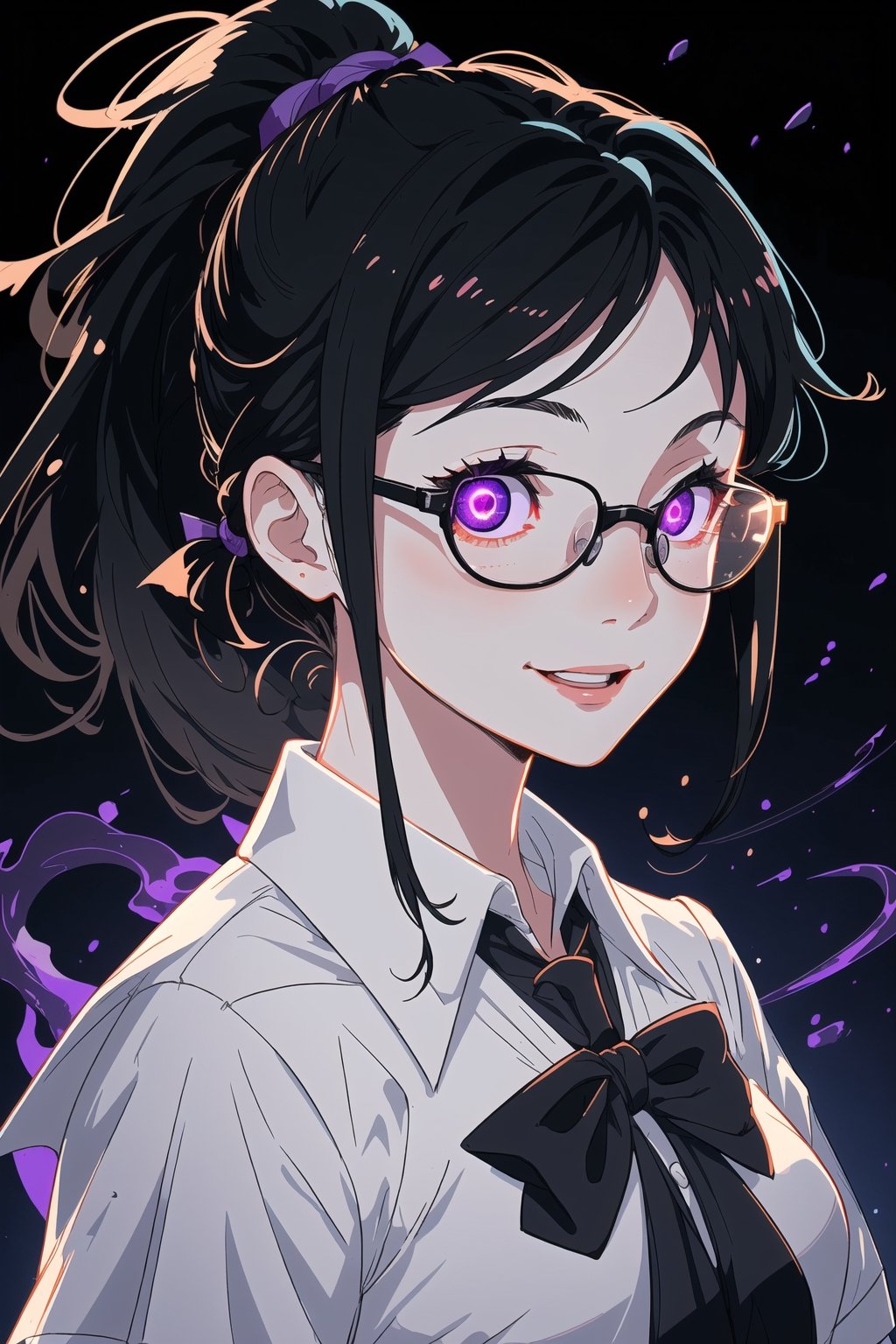 A portrait of girl wearing school uniform, black hair colour, ponytail hair, 17 year age, wearing glasses, bright lighting, ground fork, low light, highly detailed 8k, happy expression, glowing purple eyes, midjourney, school backround, lot student on background, High detailed 