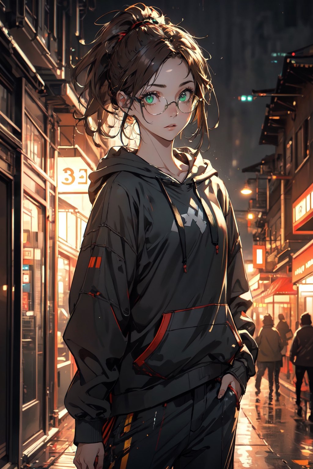 A potrait girl with hoodie, 25 years old of age,  he is standing in the middle of futuristic city,  high light,  highly detailed,  8k,  flat face expression,  green eyes,  brown hair , blend,  torso shot,  bokeh,  (hdr:1.4),  high contrast,  ryanBS_soul3142,  light_brown_hair, good anatomy, high detailed, ponytail hair, wearing glasses