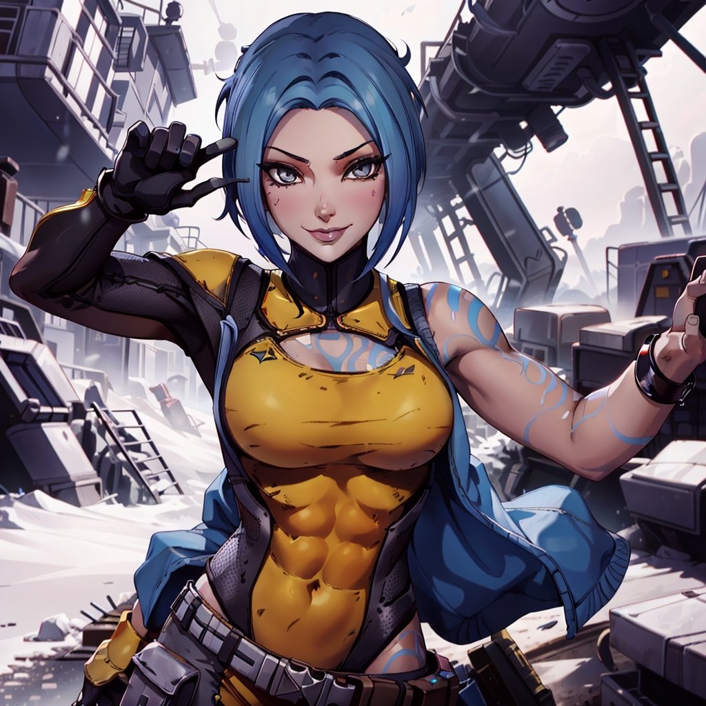 ,MayaBorderlands, close up, smile, blue hair, yellow leotard, wasteland, sexy, abs,