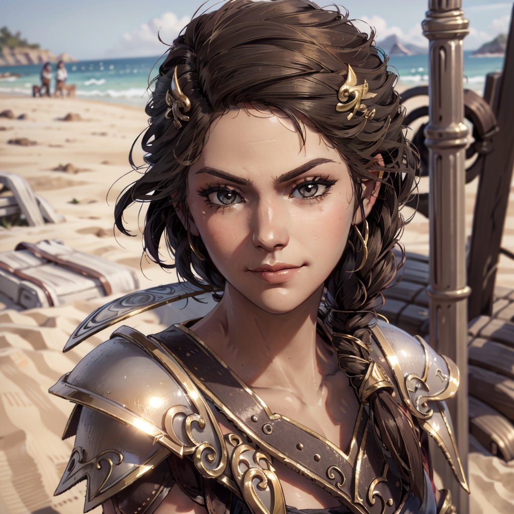 Close-up, Kassandra, face, smirk, Greece, sand, sexy, armour