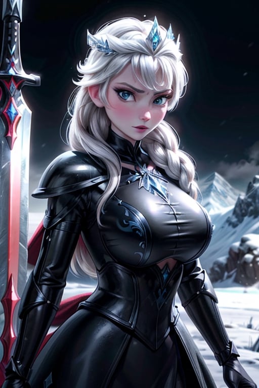 close up, Elsa, black latex armour, ice, snow, winter, sword, crown, evil, close-up, big boobs, ice queen, ice magic, mountains, ice queen,