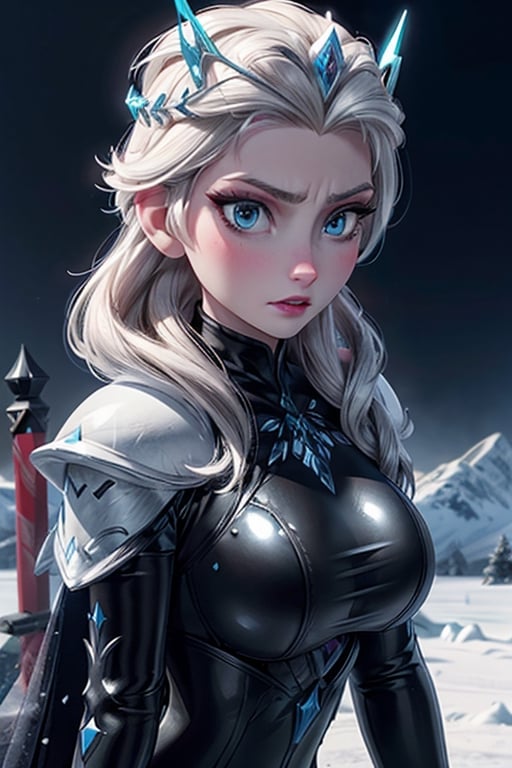 close up, Elsa, black latex armour, ice, snow, winter, sword, crown, evil, close-up, big boobs, ice queen, ice magic, mountains, ice queen,