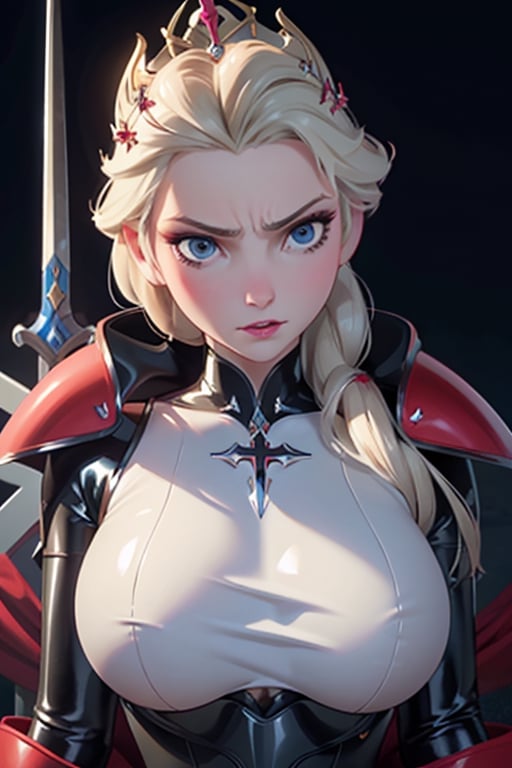 face, close up, eyes, close up latex suit. Elsa, , mistress, a dominant look, big boobs, crop in hand, hands, arms, cross, armour, sword, crown, mean expression,