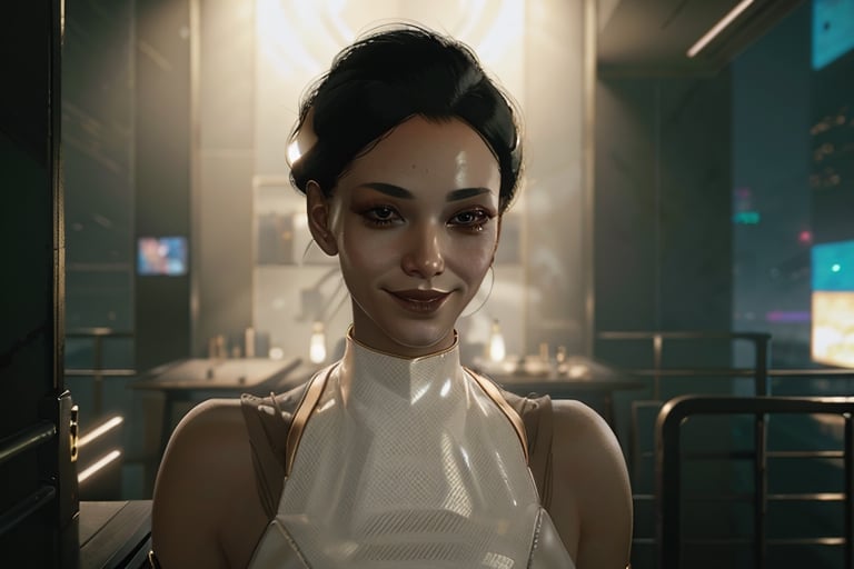 close-up, Cyberpunk,  white outfit, smile, cyberpunk, club, party, music