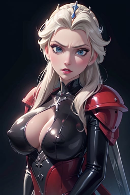 face, close up, eyes, close up latex suit. Elsa, , mistress, a dominant look, big boobs, crop in hand, hands, arms, cross, armour, sword, crown, mean expression,