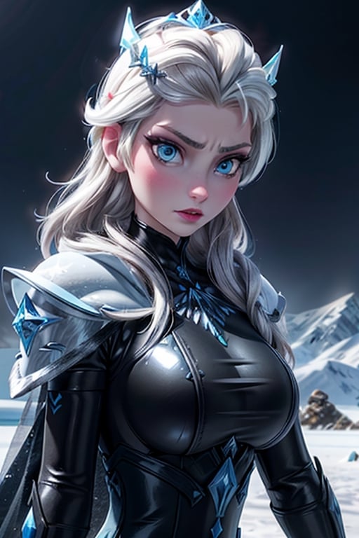 close up, Elsa, black latex armour, ice, snow, winter, sword, crown, evil, close-up, big boobs, ice queen, ice magic, mountains, ice queen,