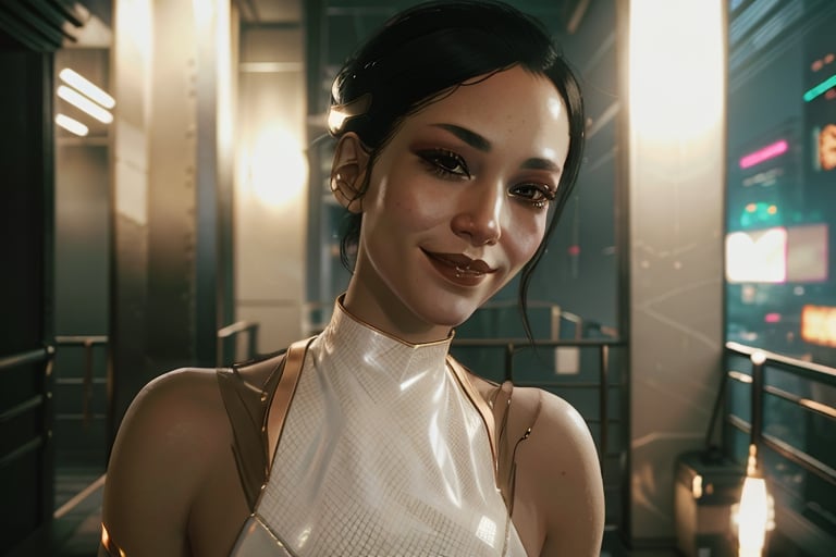 close-up, Cyberpunk,  white outfit, smile, cyberpunk, club, party, music