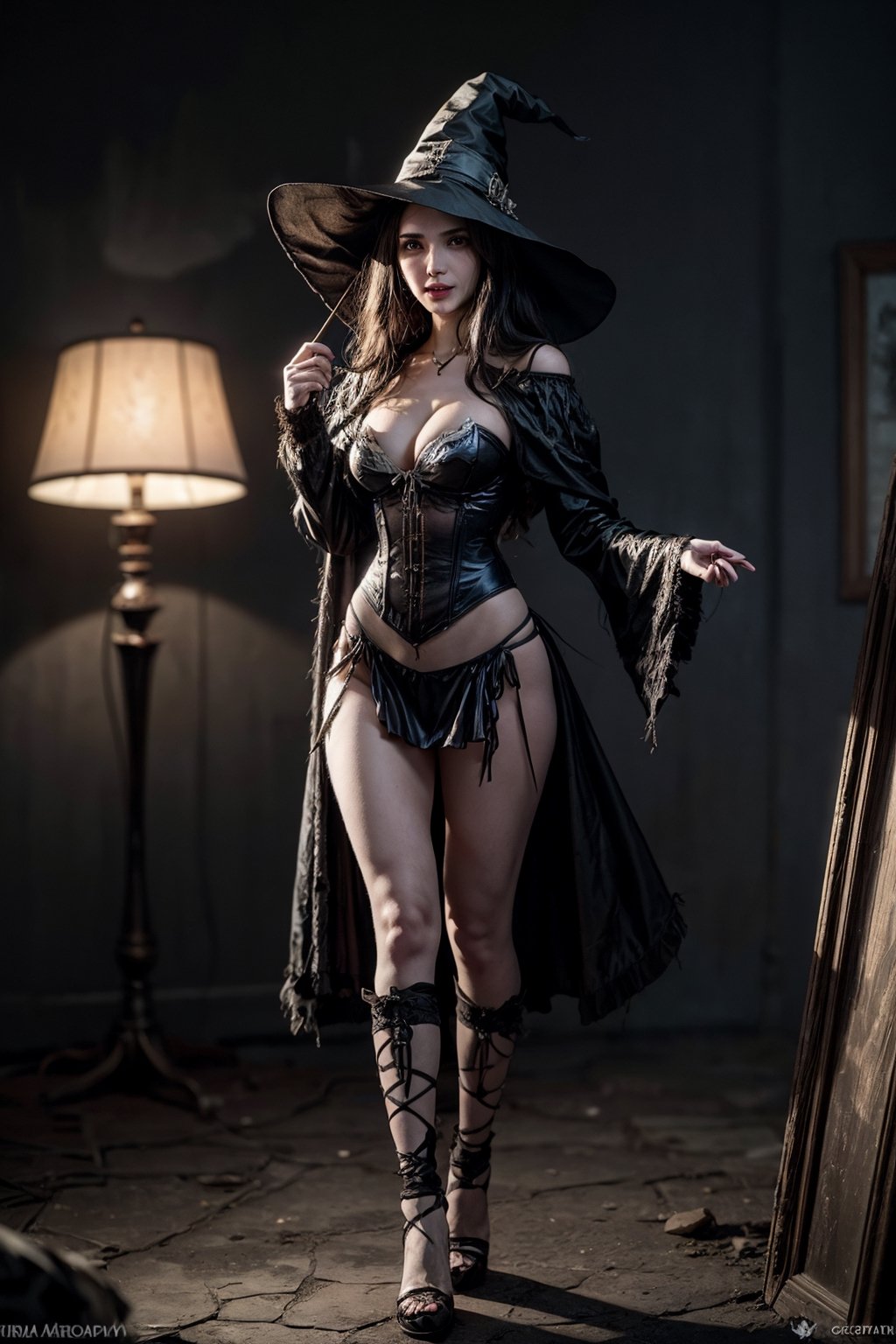 Gal Gadot as a confused naked witch with a smooth fan next to a fantasy landscape, witch hat, highleg, cleavage, naturally sagging large breasts, wide open corset, nsfw, wild, grim, relaxing, celestial, medieval, gritty, ancient, ominous, film noir, full body, digital illustration, line art, blurred background, 8k, hyperdetailed, HDR, photojournalism, detailed, highres, HQ, evil villain grin, evil grin, fantasy horror art, photorealistic dark concept art, in style of dark fantasy art, detailed 4k horror artwork, stefan koidl inspired, ((stefan koidl))