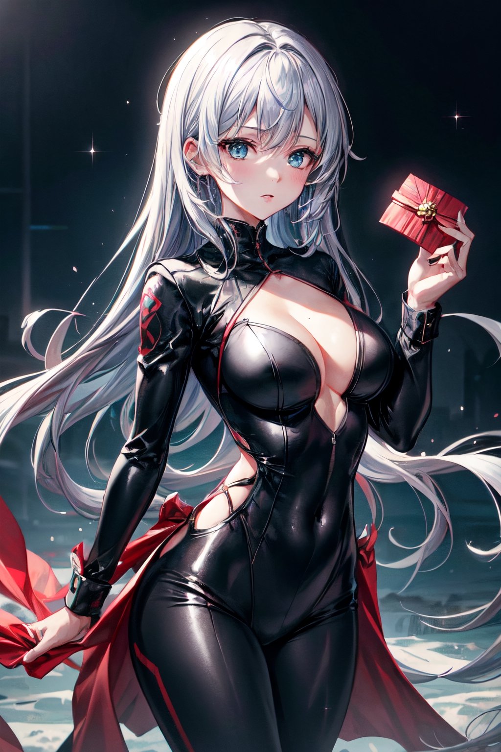 {{{best quality}}},(illustration)),{{{extremely detailed CG unity 8k ,Brilliant light,cinematic lighting,long_focus, Women, cute face (medium_breasts)High detailed, 
medium length hair, At night, 1 girl, standing in a crystal world, a girl holding a red envelope in her hands, girl in a black tight-fitting suit with many straps with daggers,
assassin, straight hair with silver strand, midnight ,inblackholetech,midjourney,glitter,outfit-km,girl,shiny,pasan