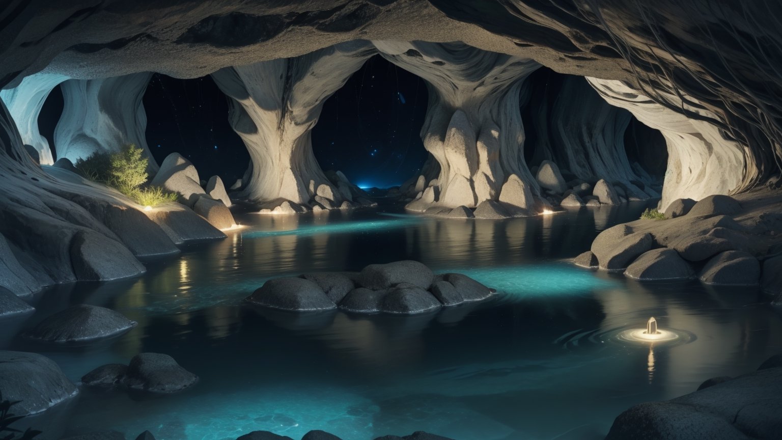 without people, Cave, lake in a cave, boulders, water illuminated with light, mysticism, pastelbg,