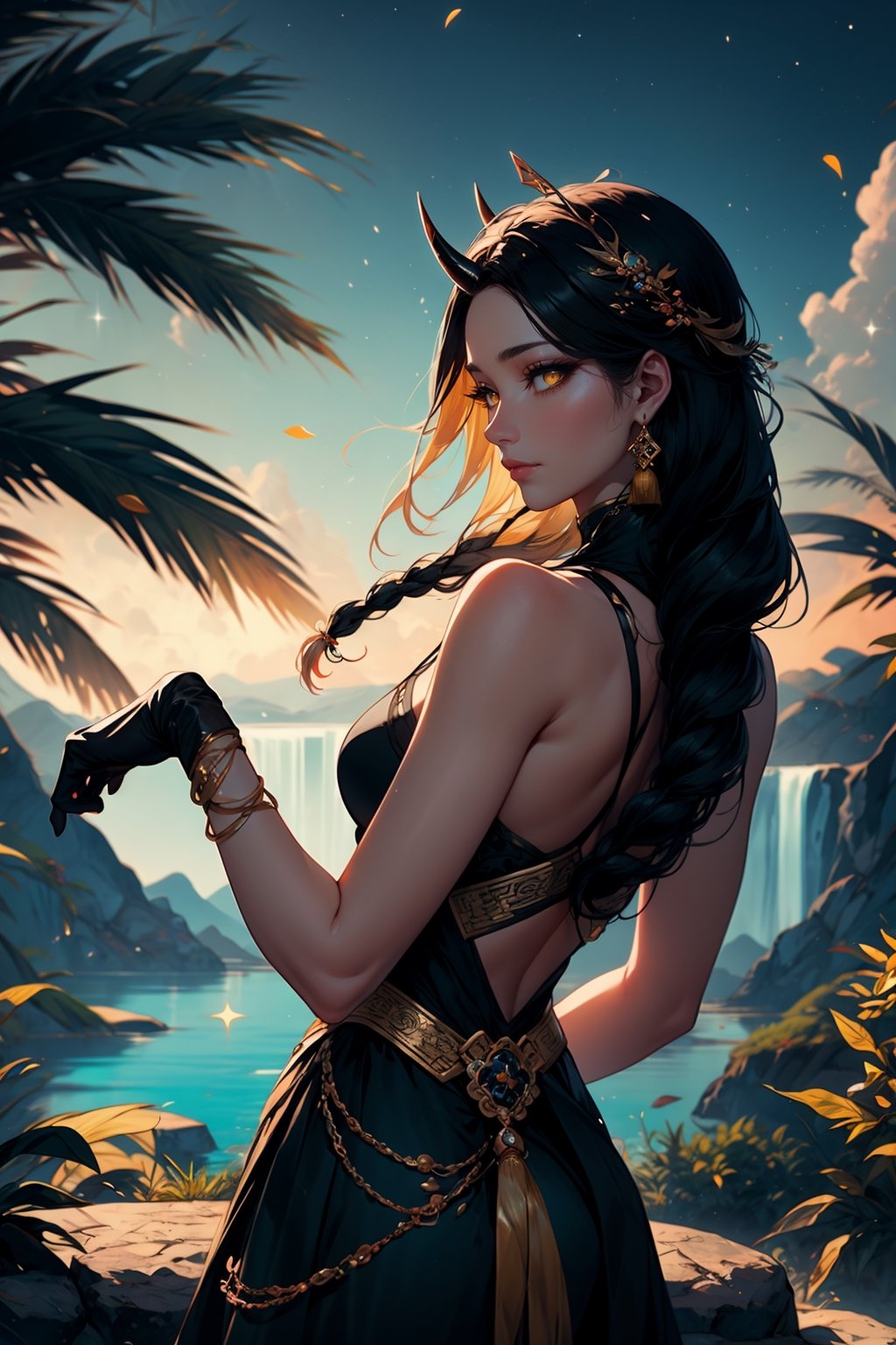 In the serene embrace of a mythical Chinese oasis, a captivating enchantress with luscious black hair and elegant horns graces the scene. Adorned in a resplendent skirt and black gloves, she stands with an air of regal allure, her yellow eyes reflecting the tranquility of the sky above. Very long hair, braided with delicate precision, flows gracefully down her back, mirroring the enchanting cascade of a waterfall nearby.

Unbeknownst to her, the benevolent spirit Bai Ze, a mythical creature in Chinese folklore renowned for its wisdom and insight, observes from the shadow of a palm tree. With a celestial glow and wise eyes, Bai Ze appreciates the enchantress's connection to nature and the harmonious surroundings. The luxurious prombit unfolds as the enchantress and Bai Ze share a moment of unity, blending the realms of earthly beauty and mythical grace within the enchanting oasis of Chinese myth.