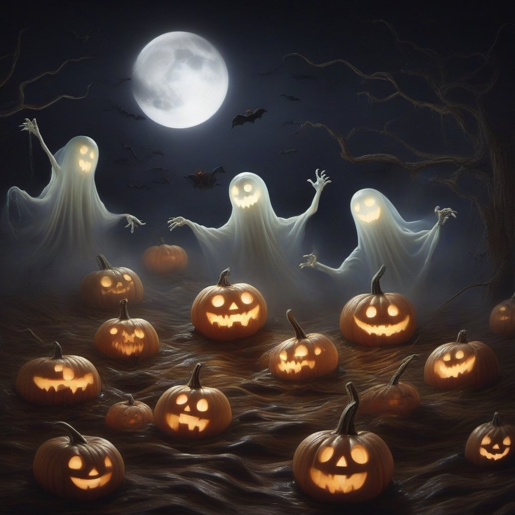 pumpkin shaped ghosts floating over dead pumpkins, nauseating pumpkins, pumpkin ghosts, halloween, halloween night, realism, high definition, good contrast