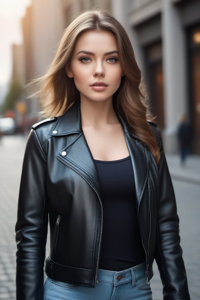 A beautiful woman in leather jacket, lovely, cute, pretty, city, portrait, 4K, full HD, realistic, realism, photo, photography, high details, high realistic details