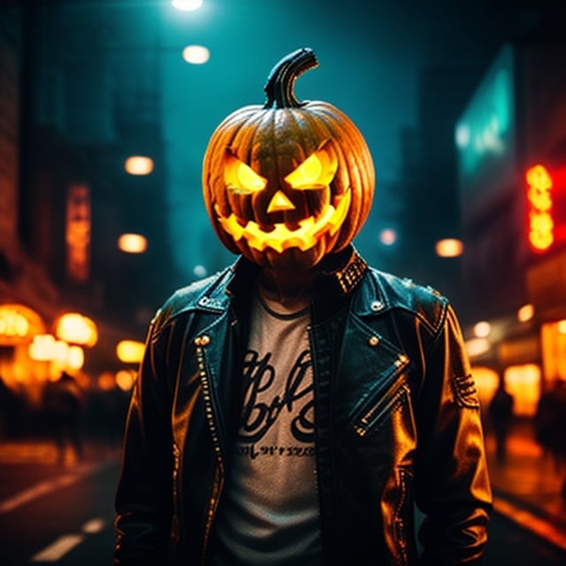 1 man with pumpkin head, solo, leather jacket, modern city, night, halloween party, neon lights, depth of field, realism, photography, high quality