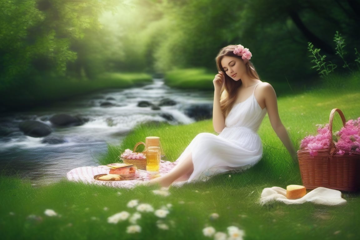 1 picnic girl relaxing, green grass, flowers, in front of a stream, clear water