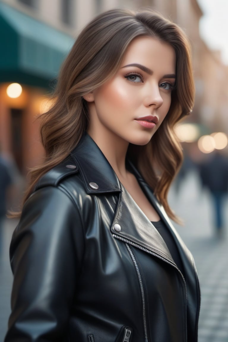 A beautiful woman in leather jacket, lovely, cute, pretty, city, portrait, 4K, full HD, realistic, realism, photo, photography, high details, high realistic details