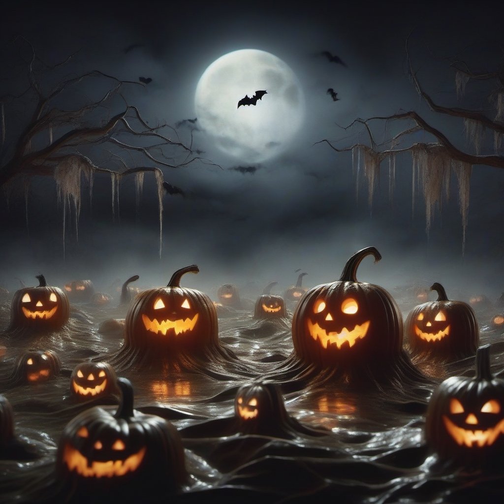 pumpkin shaped ghosts floating over dead pumpkins, nauseating pumpkins, pumpkin ghosts, halloween, halloween night, realism, high definition, good contrast