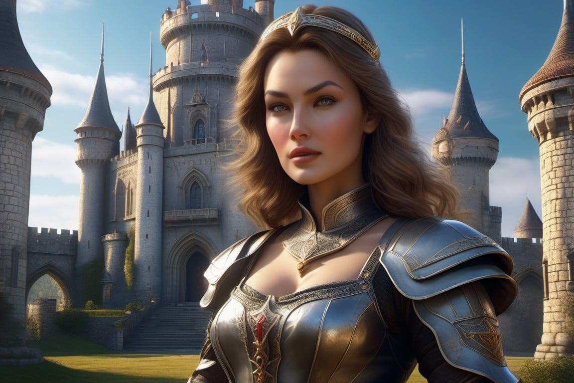 A pretty woman with templar-like clothing holding a sword in front of a castle, ultra realistic face details