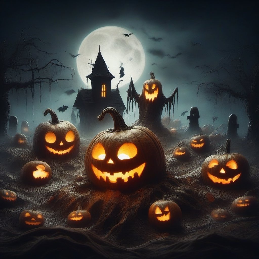 rotten pumpkins and ghosts in the shape of pumpkins on pumpkins, halloween, halloween night, realism, high definition, good contrast,donmcr33pyn1ghtm4r3xl 