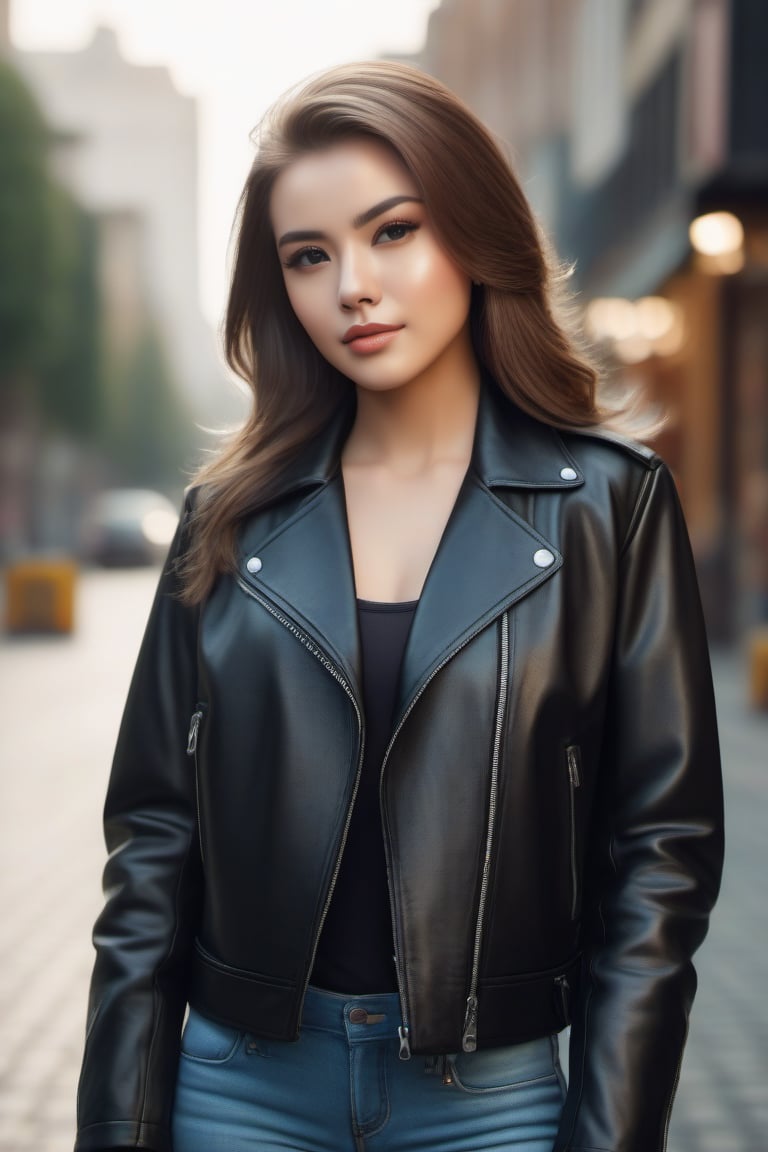 A beautiful woman in leather jacket, lovely, cute, pretty, city, portrait, 4K, full HD, realistic, realism, photo, photography, high details, high realistic details