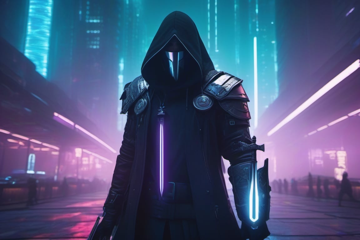 A man with templar-like clothing holding a sword in a modern cyberpunk city