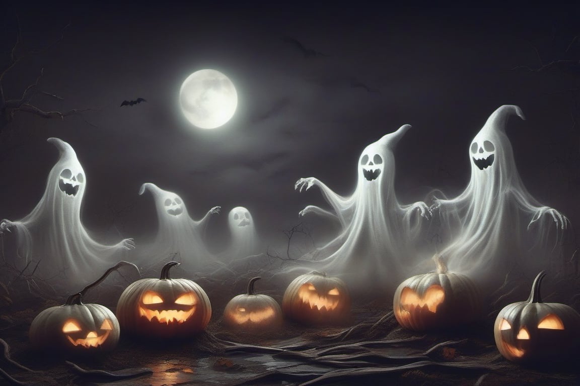 pumpkin shaped ghosts floating over dead pumpkins, nauseating pumpkins, pumpkin ghosts, halloween, halloween night, realism, high definition, good contrast